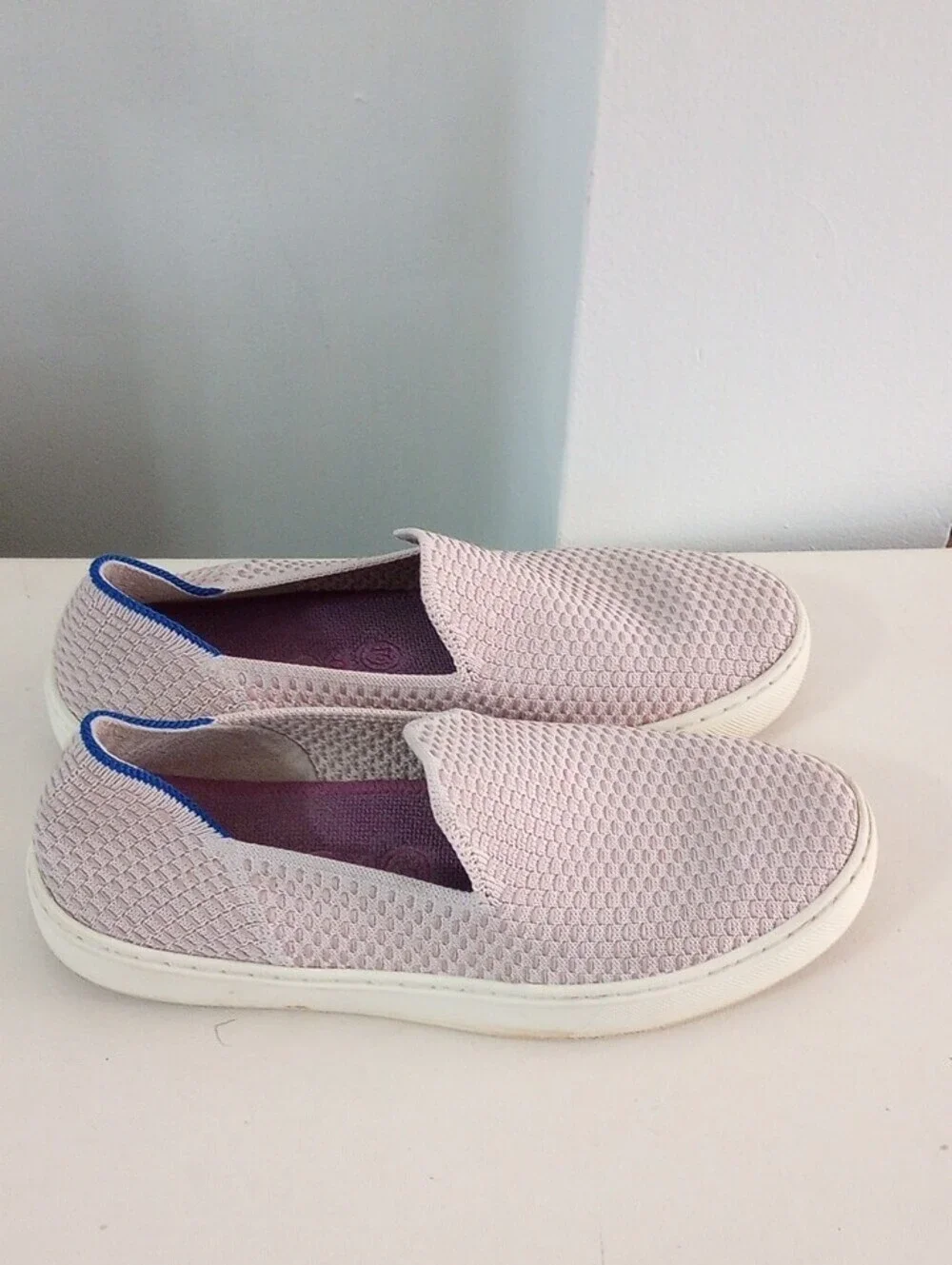 Rothy's Pastel Purple Knit Slip-On Flats with Blue Heel Trim Size 5